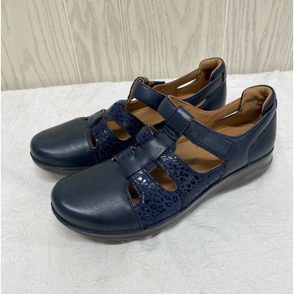 Clarks Unstructured Appley Strap Blue Cheetah Print Comfort Shoes Womens
